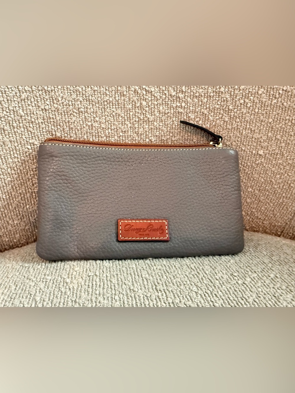 Dooney & Bourke Gray Pebble Leather Wristlet with Tan Trim